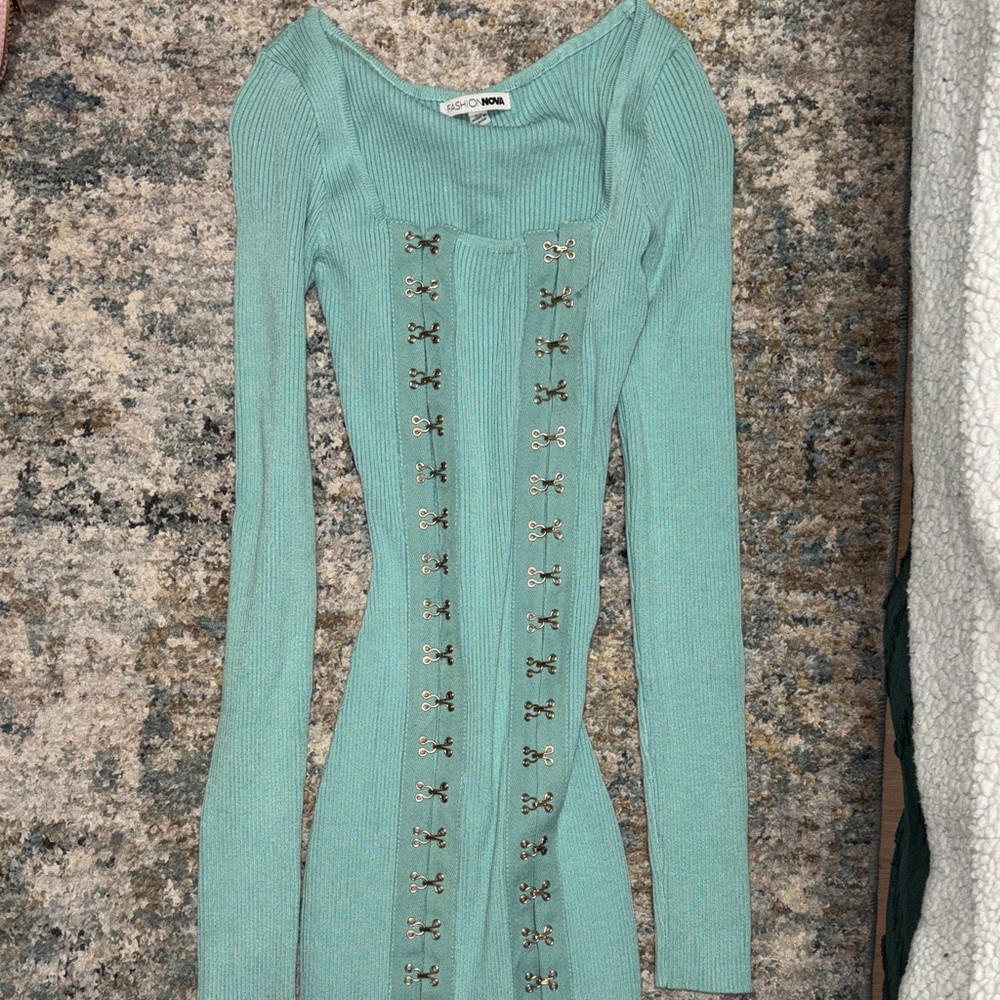 Fashion Nova Aqua Long Sleeve Dress with Bow Detailing